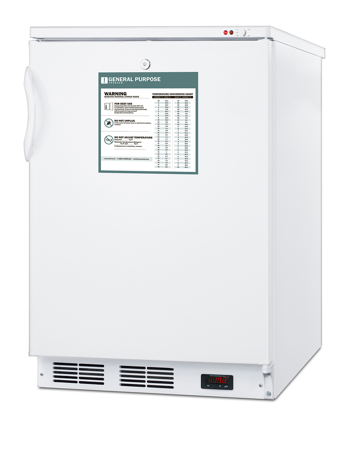 Freestanding medical general purpose all-freezer capable of -25 C operation with front-mounted lock